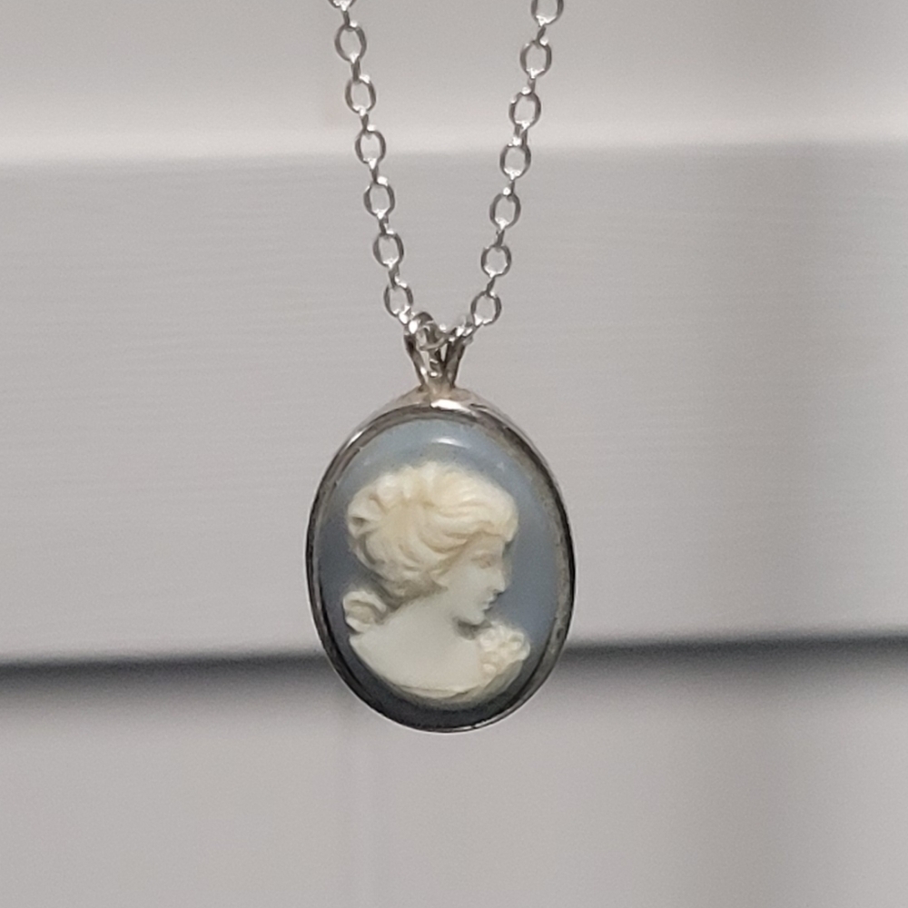Hand Crafted Elegant Silver and Blue Trifari Cameo Necklace